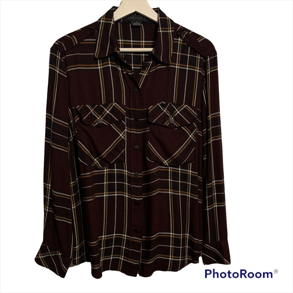 Sanctuary XS plaid rayon soft snap up long sleeve top blouse collar casual